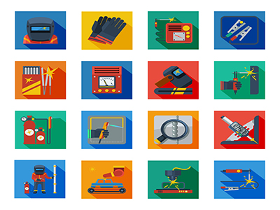 Welding flat icons in colorful squares with welder tools protection clothes and measuring instrument isolated vector illustration