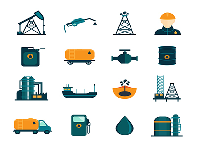 Oil industry drilling refining process petroleum transportation icons set with oilman and pump flat isolated vector illustration